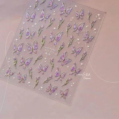 Shiny Jelly Butterfly Charming Golden Gradient Bowknot 5D Self Adhesive Nail Art Sticker Flower Petal Rhinestone Manicure Decals