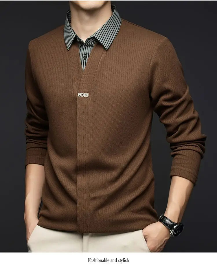 Autumn Winter Fake Two Sweaters Knitted Business Fashion Turn-down Collar Thermal Long Sleeve Men Patchwork All-match Pullover