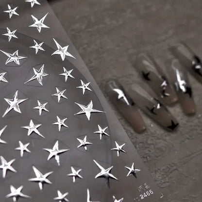 3D Bronzing Laser Silver Irregular Star Nail Decals Metallic Effect Silver Pentagram Nail Decals Adhesive Nail Art Star Stickers