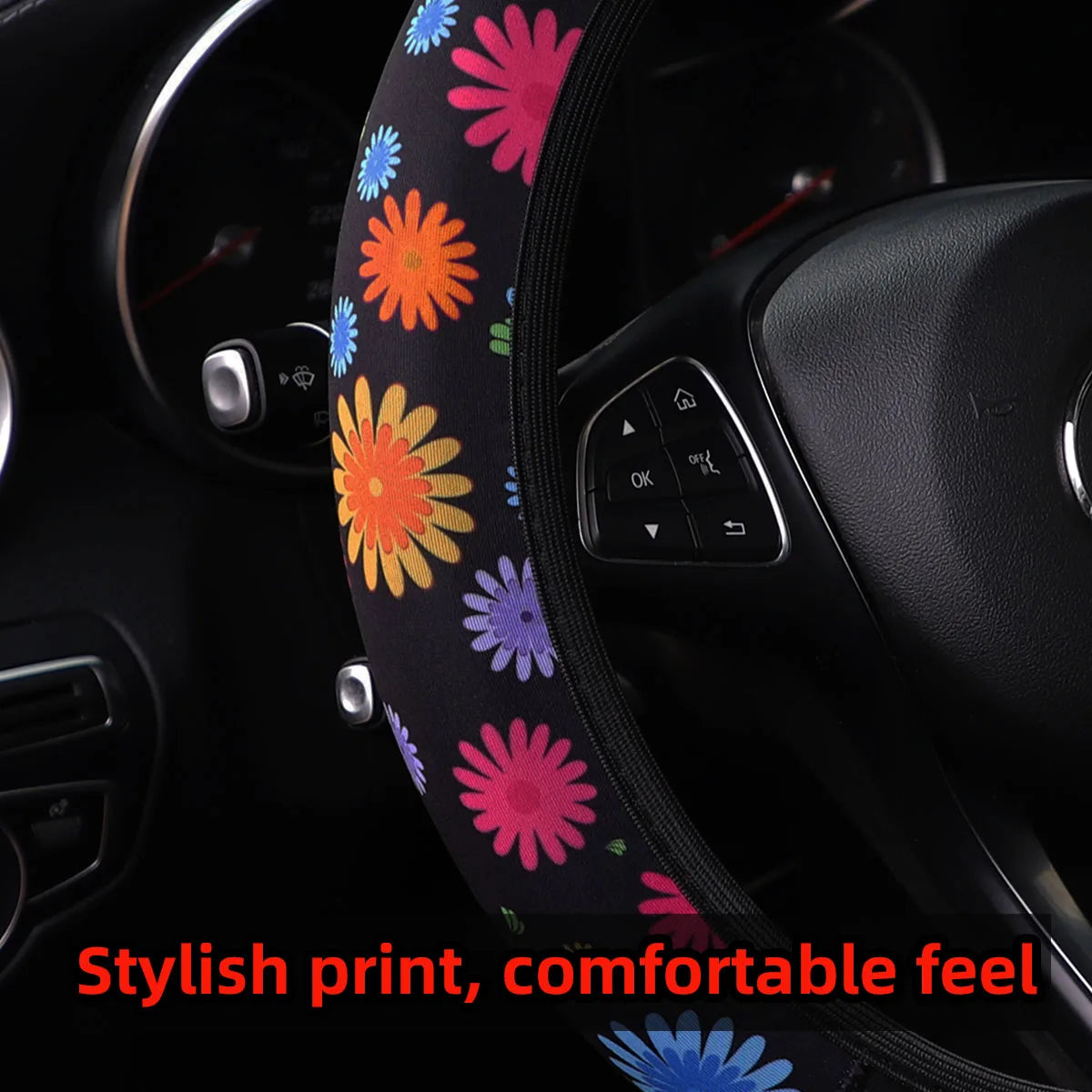 Women's 38CM Steering Wheel Cover Cherry Blossom  Chrysanthemum Check Spider Web Design Printed Car Accessory without Inner Ring