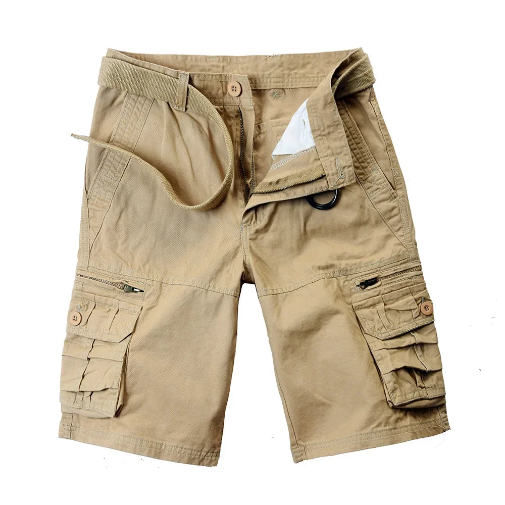 2026 Summer Men's Cotton Cargo Shorts Multi-Pocket Casual Short Pants Male Hiking Loose Solid Jogging Shorts No Belt Plus Size