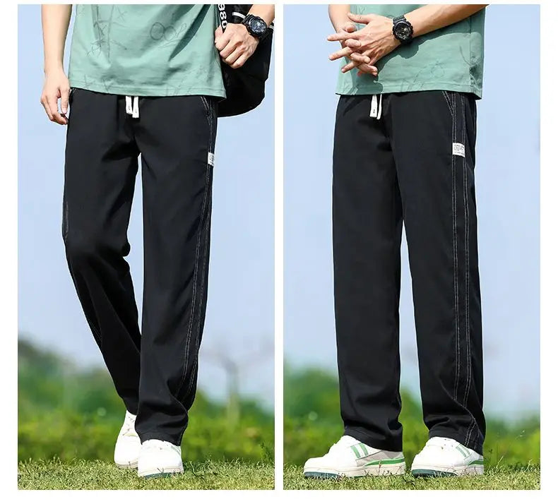 Men's Summer Soft Lyocell Fabric Jeans Thin Loose Straight Denim Pants Drawstring Elastic Waist Casual Trousers Plus Size M-5XL