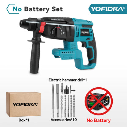 YOFIDRA 26MM Brushless Electric Hammer Drill Multifunctional Rotary Cordless Rechargeable Power Tools For Makita 18V Battery Pin