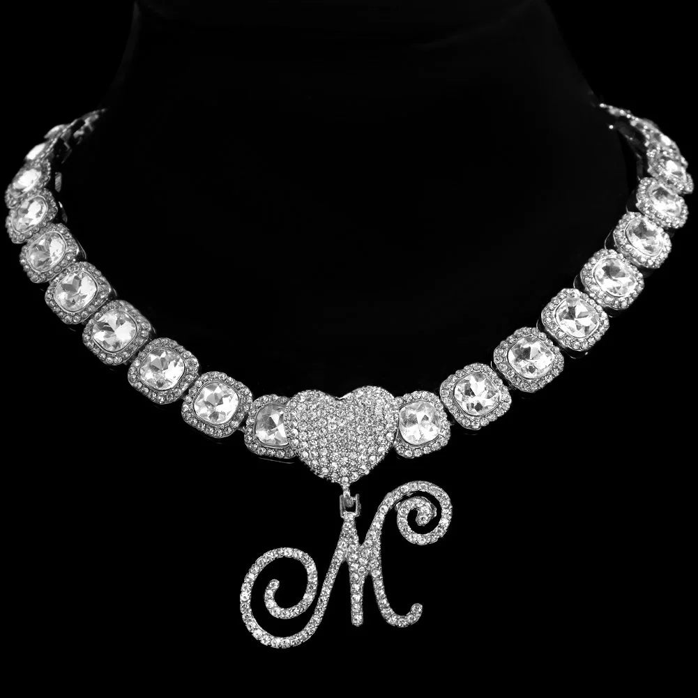 Hip Hop Bling Crystal Cursive Letter Initial Pendant Necklace Women Iced Out Cuban Choker Square Tennis Chain Necklace Jewelry