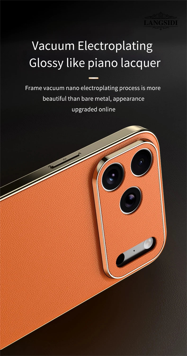 LANGSIDI Luxury Leather Phone Case for iPhone 17 16 15 Pro Max Air 17Pro 16Pro Full Lens Protection Back Cover