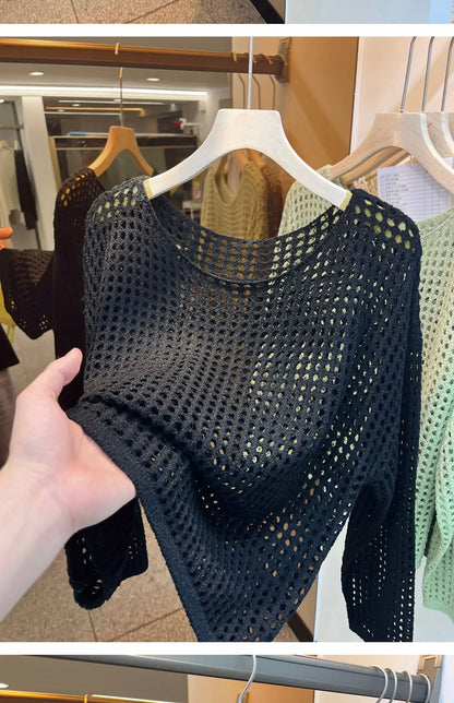 2025 Mesh Vintage Harajuku Long Sleeve Women Sweater Korean Spring Summer Knitwear Soft Thin Tops Chic Solid Femme Sweater