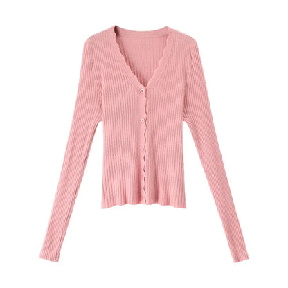 Women Ribbed Crew Neck Cardigan Sweater Pastel Pink Purple Long Sleeve Fitted Crop Knitted Jacket Spring Fall