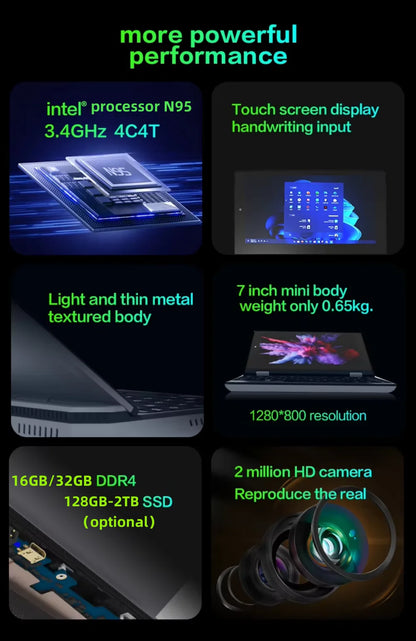 7 inch Pocket Laptop N95 Notebook Touch Screen Portable Netbook Win 11 Pro 8GB 16GB+1TB Mini PC Micro Computer Bluetooth 4.2