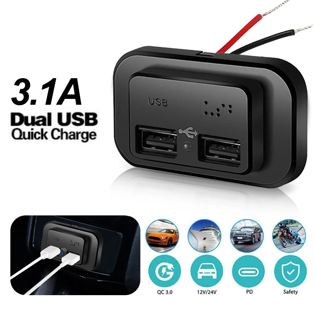 90W 3 Ports Dual PD Car Charger Socket with ON OFF Switch 18W QC3.0 Fast Charging for Motorbike Car Boat ATV UTV Camper Caravans