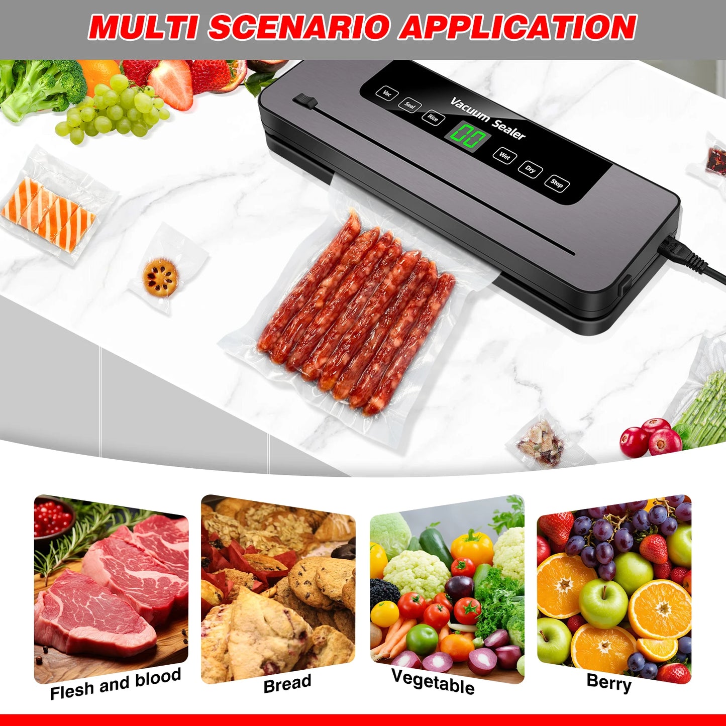 6 in 1 Vacuum Sealer Machine, 6 Modes Multi-Functional Food Vacuum Sealer with 10PCs Vacuum Bags, 30cm Longer Seal Food Sealer Built-In Cutter, Keep Meat Vegetables Snacks Fruits Grains Fresh