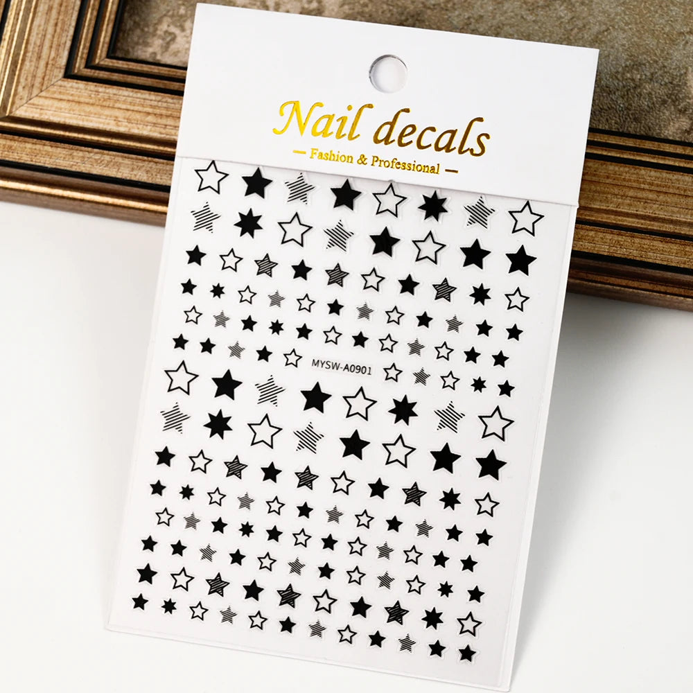 Black White Star 3D Nail Art Sticker Y2K Pentagram Self-Adhesive Decals Laser Shiny Glitters Starlight Manicure Ornaments Slider