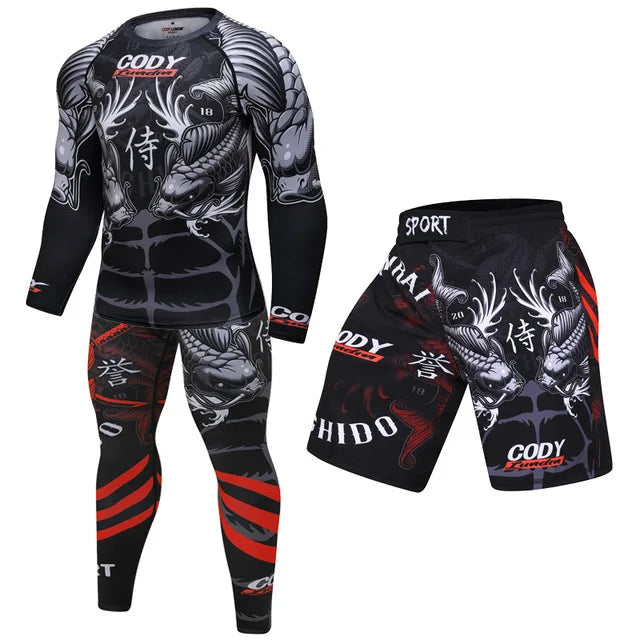 New Men Sports Jiu Jitsu BJJ Suit Gym Fitness Compression Clothes Running Jogging Sport Wear Exercise Workout Rashguard Tights
