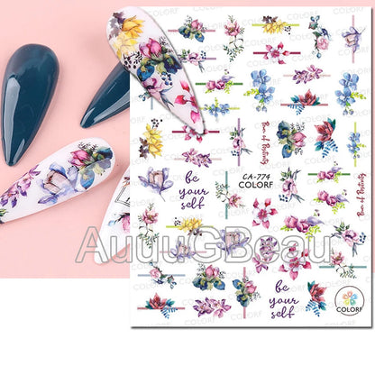 3d Nails Art Decals Spring Fruits Pink Full Tips Peony Magnolia Flowers Adhesive Sliders Stickers Decoration For Nails Manicure
