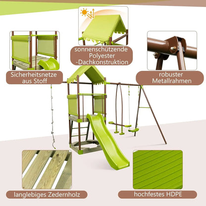 Play Tower, Climbing Frame with Swing, Slide, Climbing Rope, Glider Seats, Ladder and Sandpit, Outdoor Children's Climbing Tower