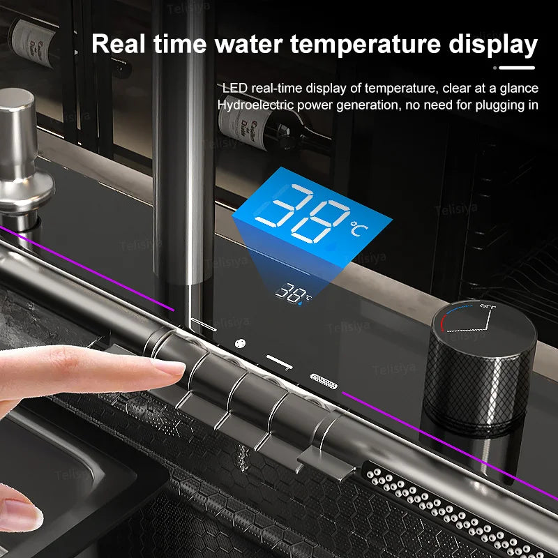 Household Waterfall Digital Display Kitchen Sink Stainless Steel Multifunction Wash Dish and Vegetables Basin Large Single Slot