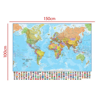 150x100cm Foldable Large World Map with Flags The World Physical Map for Travel Office School Supplies for Bedroom Living Room