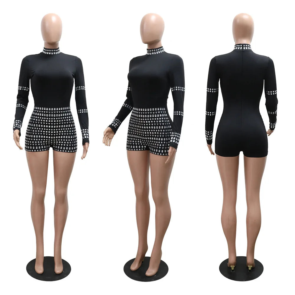 Leosoxs Women Diamonds Hot Rhinestones Long Sleeve Short Jumpsuits 2024 Summer Sexy Party Club One Piece Suit Rompers Playsuits