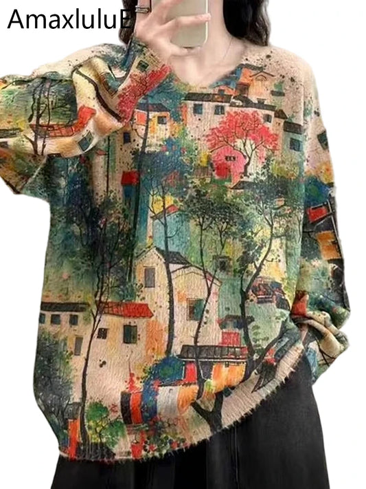 Amax LuluE 2025 Winter Fashion Cartoon Printed Jumpers Womens Korean Oversized Casual Sweaters Ladies Vintage Classic Pullover