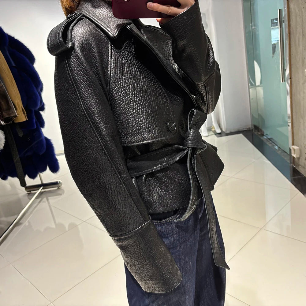 YOLOAgain Vintage Grain Leather Jacket Women Real Leather Sheepskin Jacket With Belt