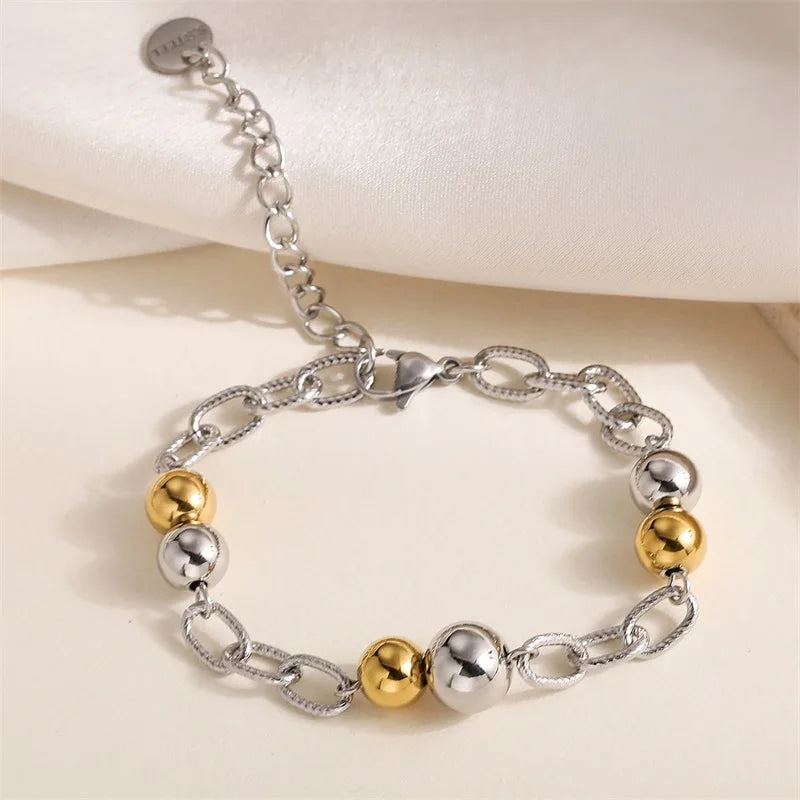GANPUP 316L Stainless Steel Metal Beads Charms Bracelet Bangle for Women Texture Trendy Wrist Chain Jewelry Gift Bijoux Femme