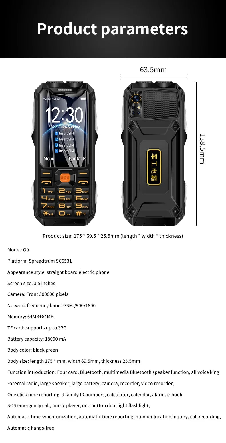 YEEMI Q9 GSM 2G&4G Network Mobile Phone 2G 4SIM 4G 2SIM Cards Rugged Bar Cellphone 3.5“ HD Display Big Battery Loud Sound Phone