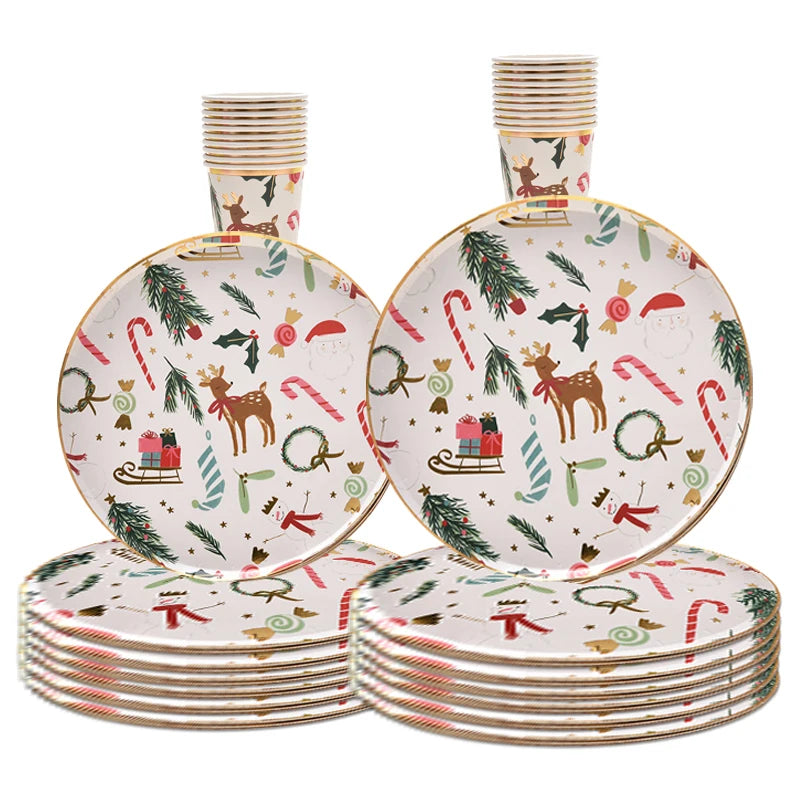 2026 Christmas Party Disposable Tableware Cartoon Bronzing Deer Pattern Plates Cups Santa Claus Napkin Merry Christmas Supplies
