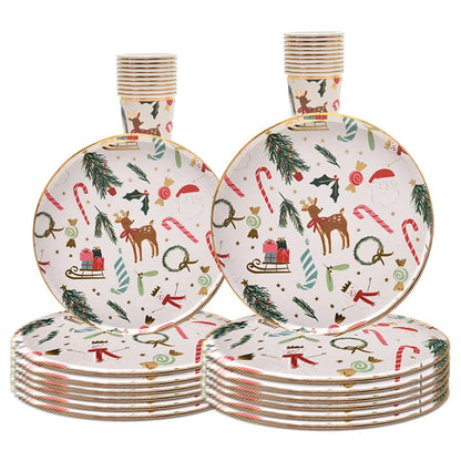 2026 Christmas Party Disposable Tableware Cartoon Bronzing Deer Pattern Plates Cups Santa Claus Napkin Merry Christmas Supplies