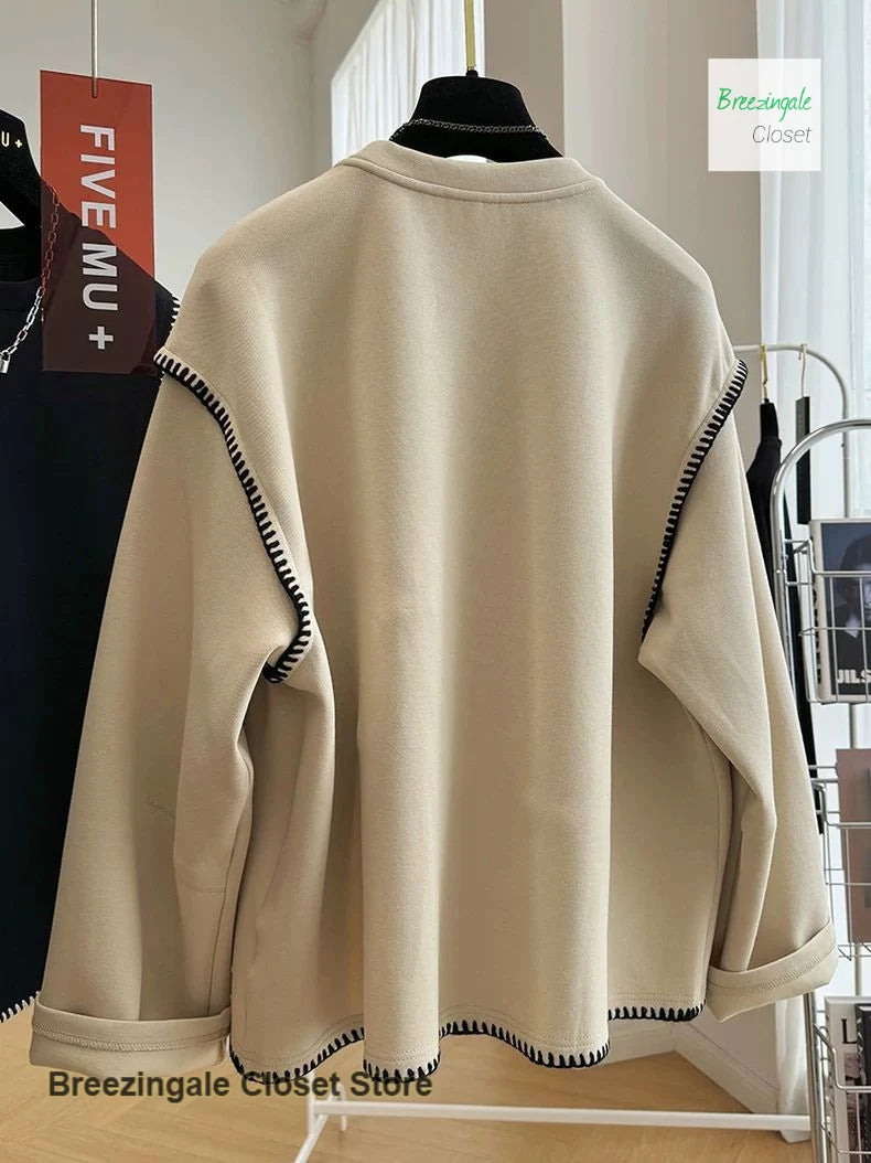 French style solid color extra-large design sense round neck sweater women's new loose fashion casual top in spring and autumn