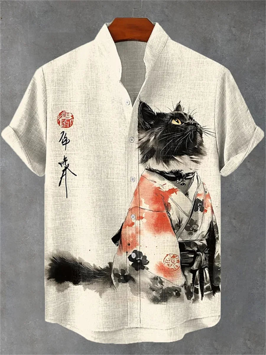Men's short-sleeved shirt with cat and dinosaur print, casual and stylish vacation-style men's top, fashionable Hawaiian design.