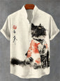 Men's short-sleeved shirt with cat and dinosaur print, casual and stylish vacation-style men's top, fashionable Hawaiian design.