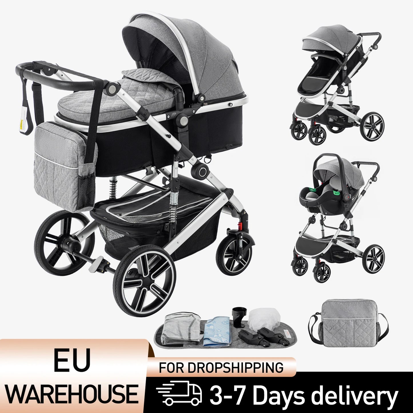 Baby Stroller 3 in 1 Luxurious Portable Travel Baby Carriage Fold Pram High Landscape Aluminum Frame Newborn Infant Stroller