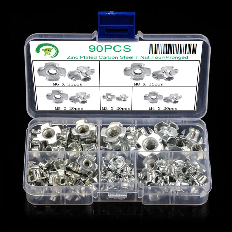 90pcs M3/M4/M5/M6/M8 Woodworking Tools Captive Nuts Four Prong Furniture T Nut Inserts Wood Zinc Plated Carpentry Tool