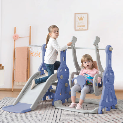 Anajqaqia 4-in-1 Children's Slide and Swing Set with Climbing Ladder & Basketball Hoop, Indoor Outdoor Toddler Play Centre, Blue