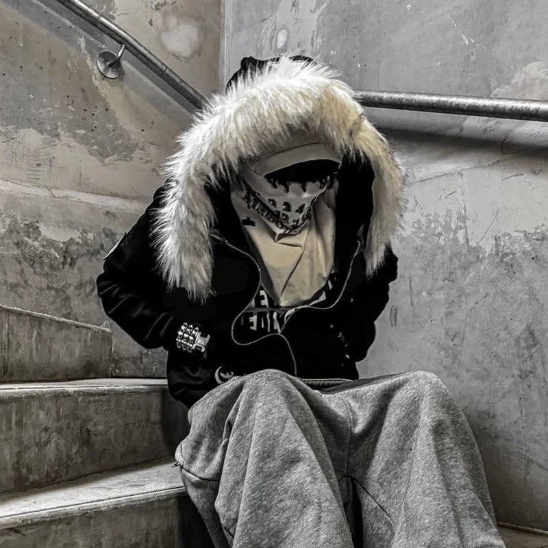 Fluffy Hat Hoodie Solid Color Casual Long Sleeve Hoodie Retro Coat Street Trend Y2K