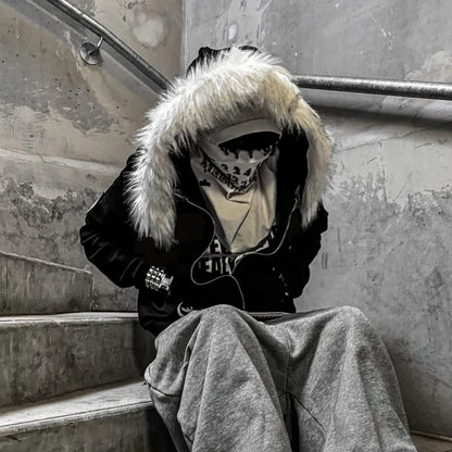 Fluffy Hat Hoodie Solid Color Casual Long Sleeve Hoodie Retro Coat Street Trend Y2K