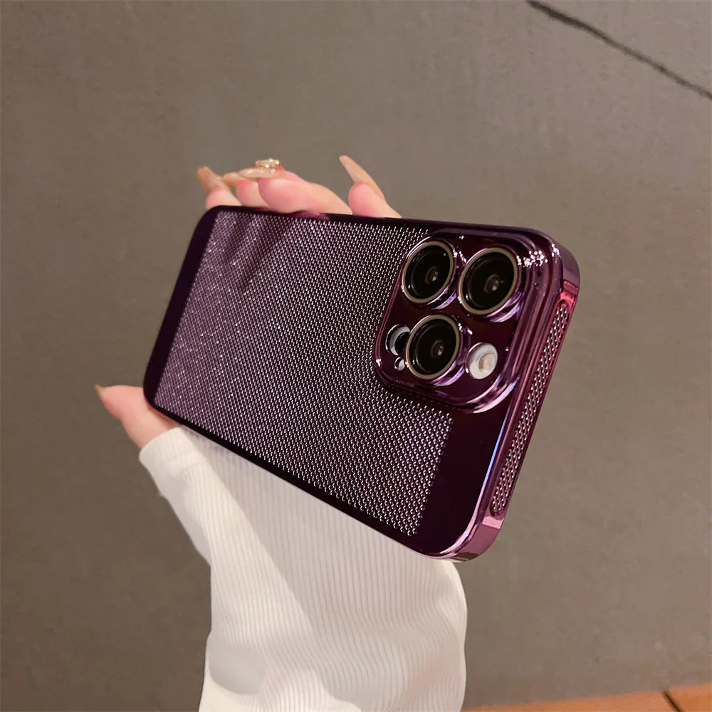Luxury Plating Hollowed Out Case for iPhone 17 Pro 16 15 14 Pro Max Plus 13 12 Mini 11 17Air Heat Dissipation Shockproof Cover