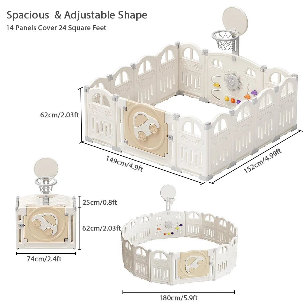 UBRAVOO Foldable Baby Playpen with Basketball Hoop & 50Pcs Coloured Pit Balls,  Toddler and Baby Play pen  fence, 14-Panel