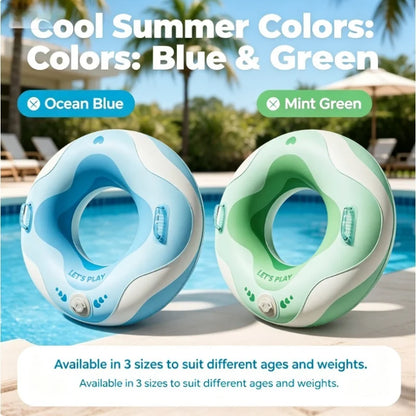 No Mouth Blowing Swimming Tube with Integrated Pump - Press to Inflate in Seconds! 2 Colors (Blue/Green) for Pool, Beach & Lake