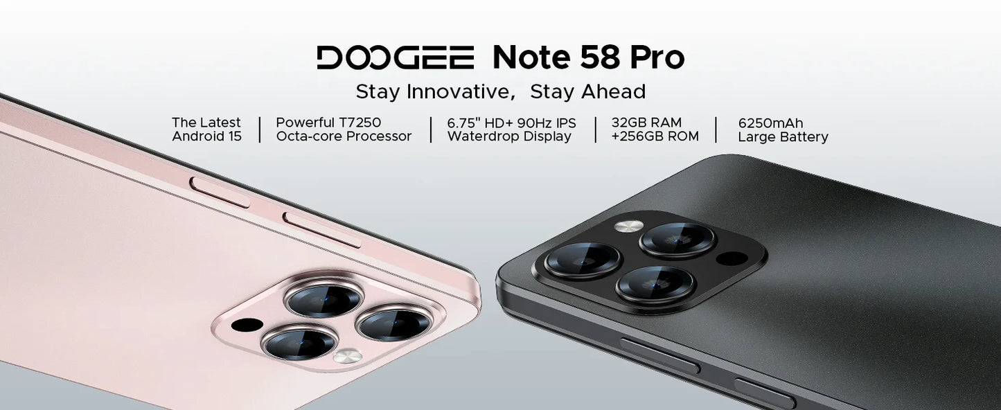 Global Version DOOGEE Note58 Pro Smartphone 6.75" HD+ Display 32GB(8+24) 256GB 6250mAh Battery NFC Android 15 Mobile Phone