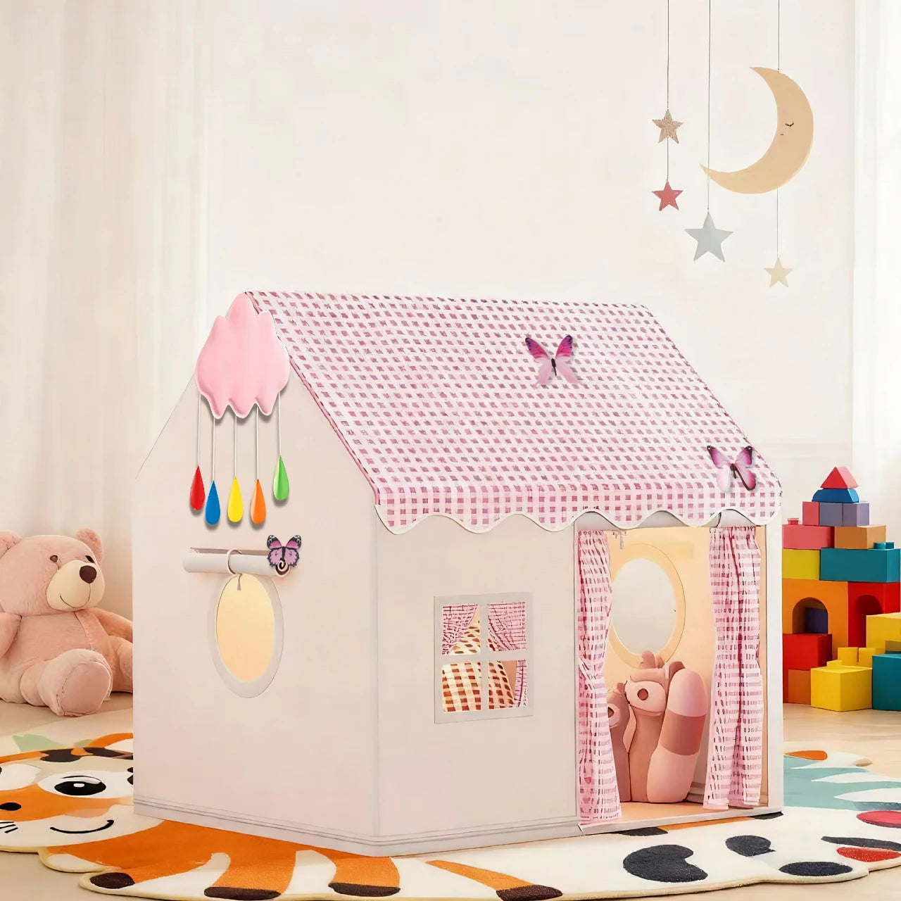 Children's Fun Playhouse Tent, Bed Canopy Partition, Children's Pretend Play Tent, Kids' Toy Castle, Portable Outdoor Toy Playhouse, Includes Cloud/Butterfly Party Decorations, Holiday Gift, Does Not Include Lighting