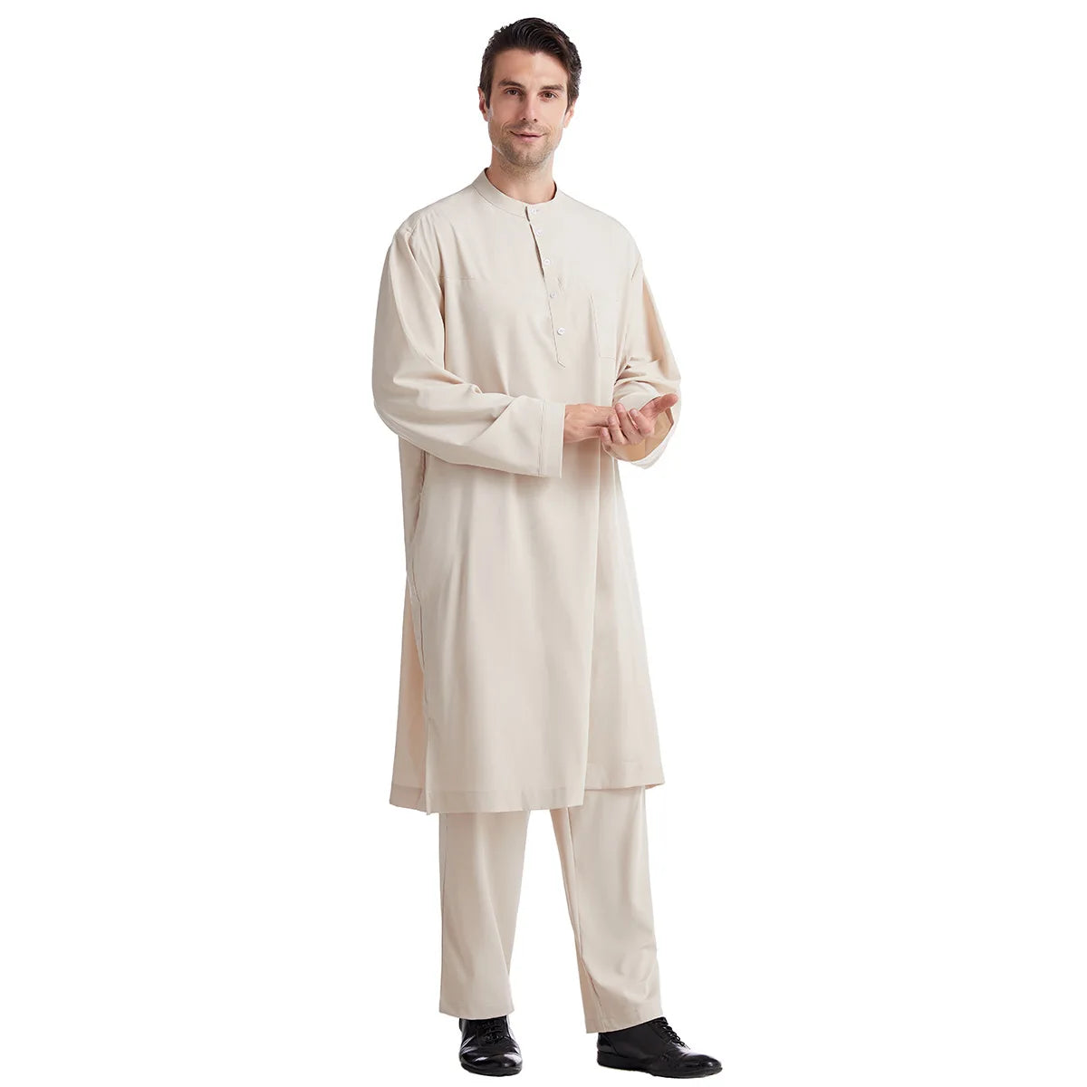 Muslim Men Jubba Thobe 2 Pice Set Top with Pant Mens Abaya Long Islamic Eid 2025 Ramadan Long Robe Saudi Wear Caftan Dubai Arab