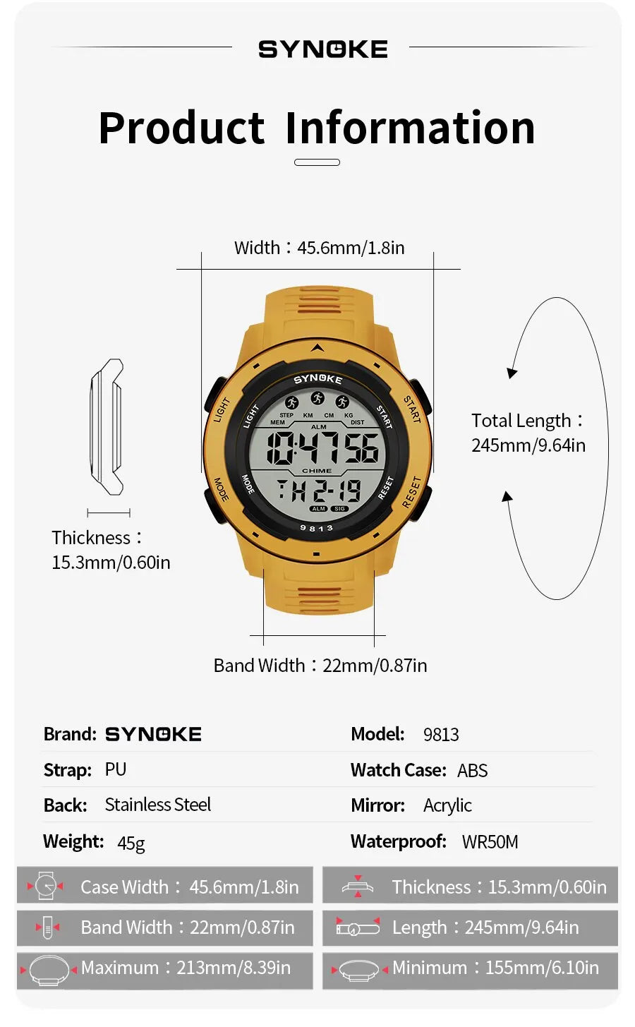 SYNOKE Men Digital Watch Sports Watches Timing Function Alarm Clock Waterproof 50M Digital Watch Military Clock Large Screen