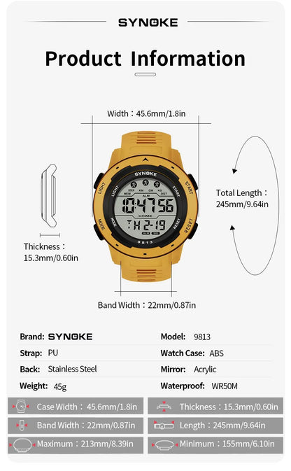 SYNOKE Men Digital Watch Sports Watches Timing Function Alarm Clock Waterproof 50M Digital Watch Military Clock Large Screen