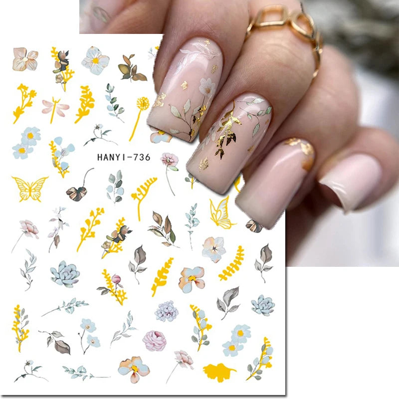 3d Nail Art Decals Elegant White RoyalBlue Roses Flowers Adhesive Sliders Nail Stickers Decoration For Nail Manicure