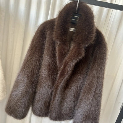 Faux Fox Fur Coats Women Solid Mid Length Jackets Lapel Collar Long Sleeve Furry Outerwear Thick Loose Casual 2025 Autumn Winter