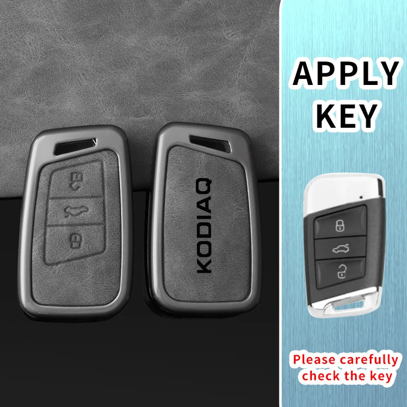 Leather Car Key Case Cover Shell Holder for Skoda Kodiaq Remote Control Key Cover Metal Housing Keyless Protector Accessories