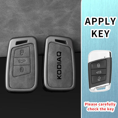Leather Car Key Case Cover Shell Holder for Skoda Kodiaq Remote Control Key Cover Metal Housing Keyless Protector Accessories