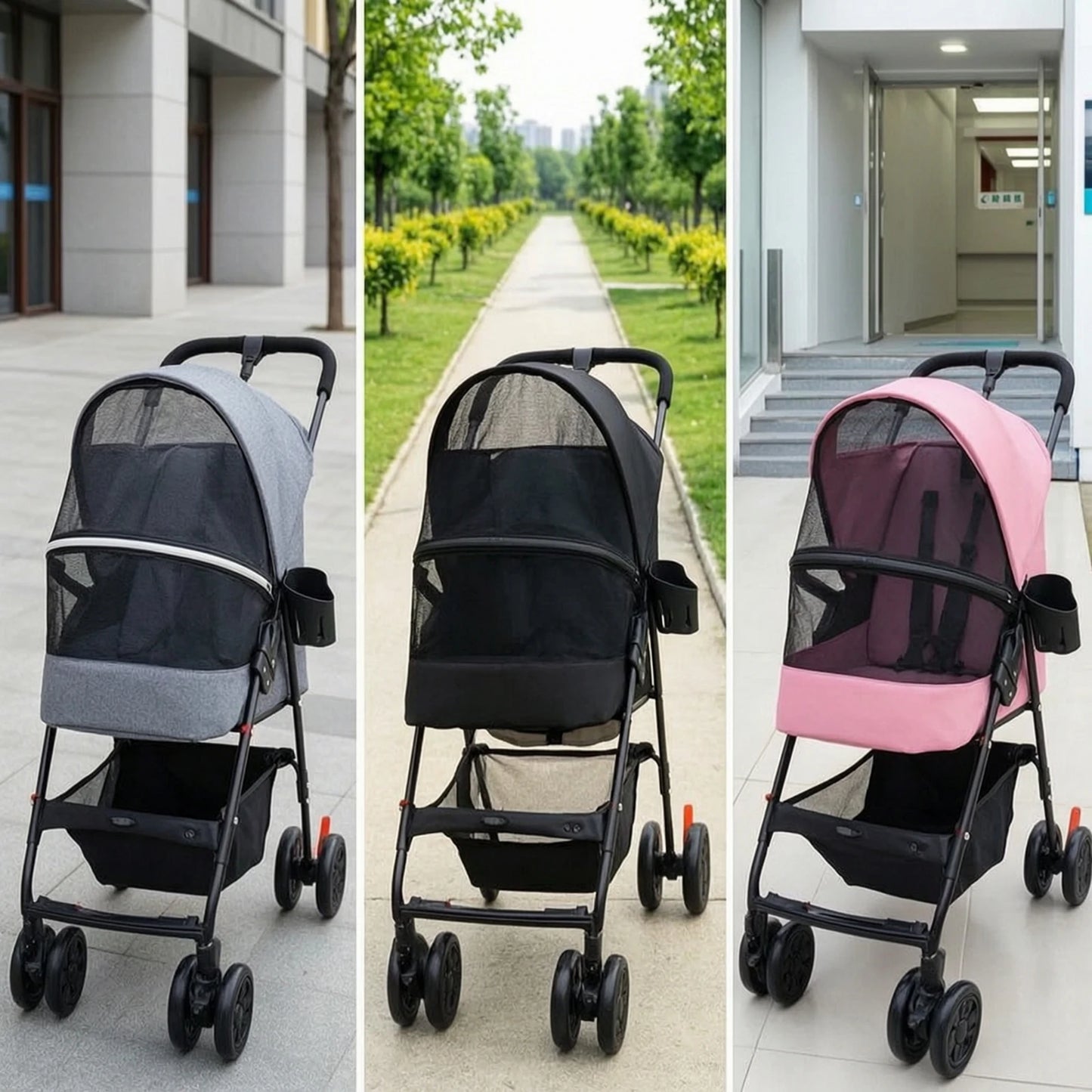 Pet Stroller with Cup Holder Collapsible Pet Stroller with Storage Basket Compact Portable for Small Dogs, Outdoor Walks, Travel