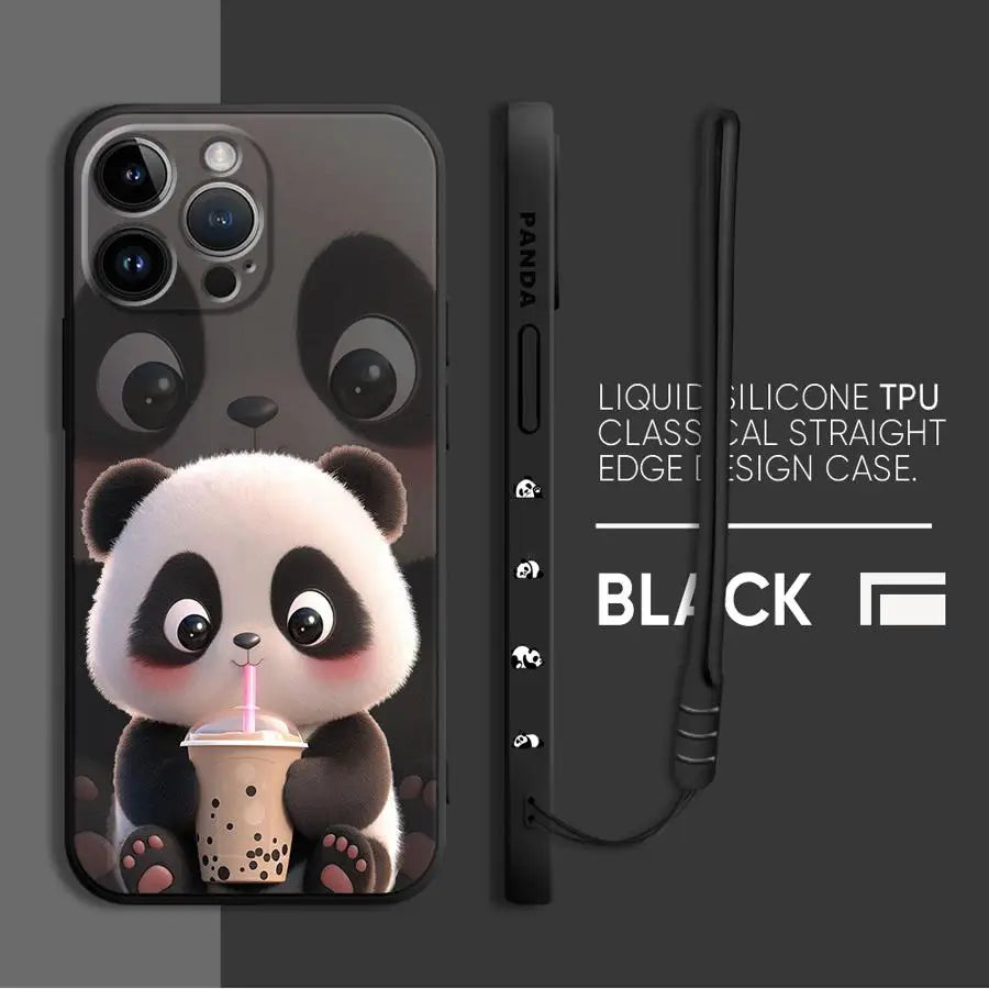 Cute Panda Phone Case for iPhone 11 13 16 Pro 14ProMax 15 Plus XS Max XR SE 8 7 12 Mini Silicone Cover Soft