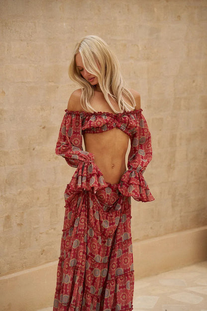 2025 New Chiffon Floral 2Pc Bikini Set Long Sleeve Backless Crop Tops Women Transparent Bodycon Skirts Sexy Beach Casual